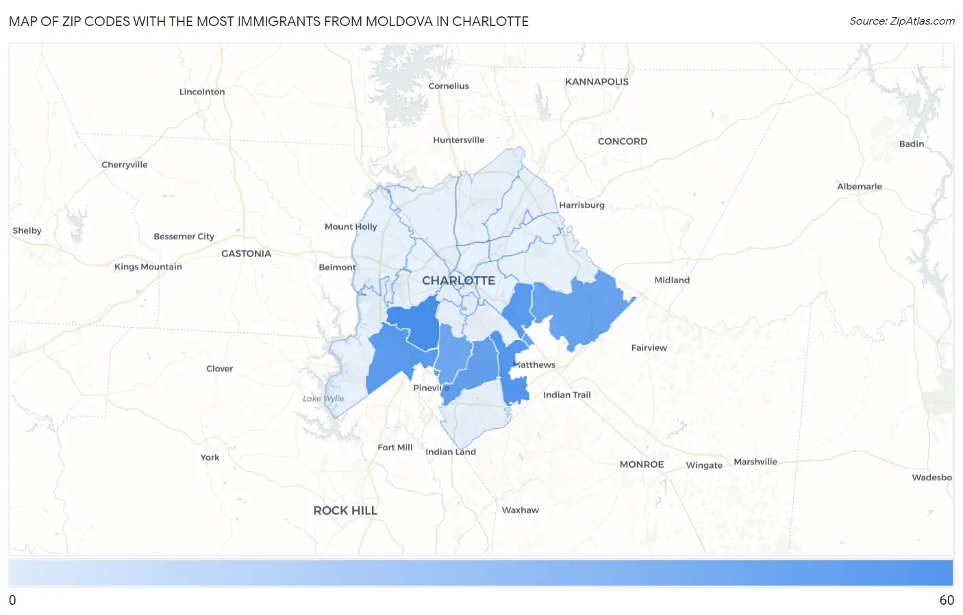 Zip Codes with the Most Immigrants from Moldova in Charlotte Map