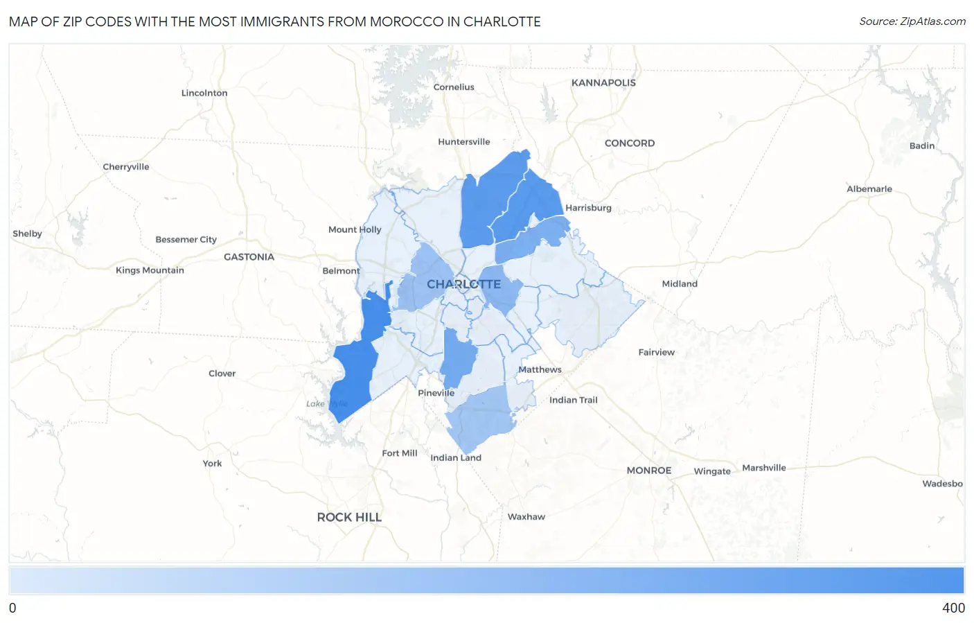 Zip Codes with the Most Immigrants from Morocco in Charlotte Map