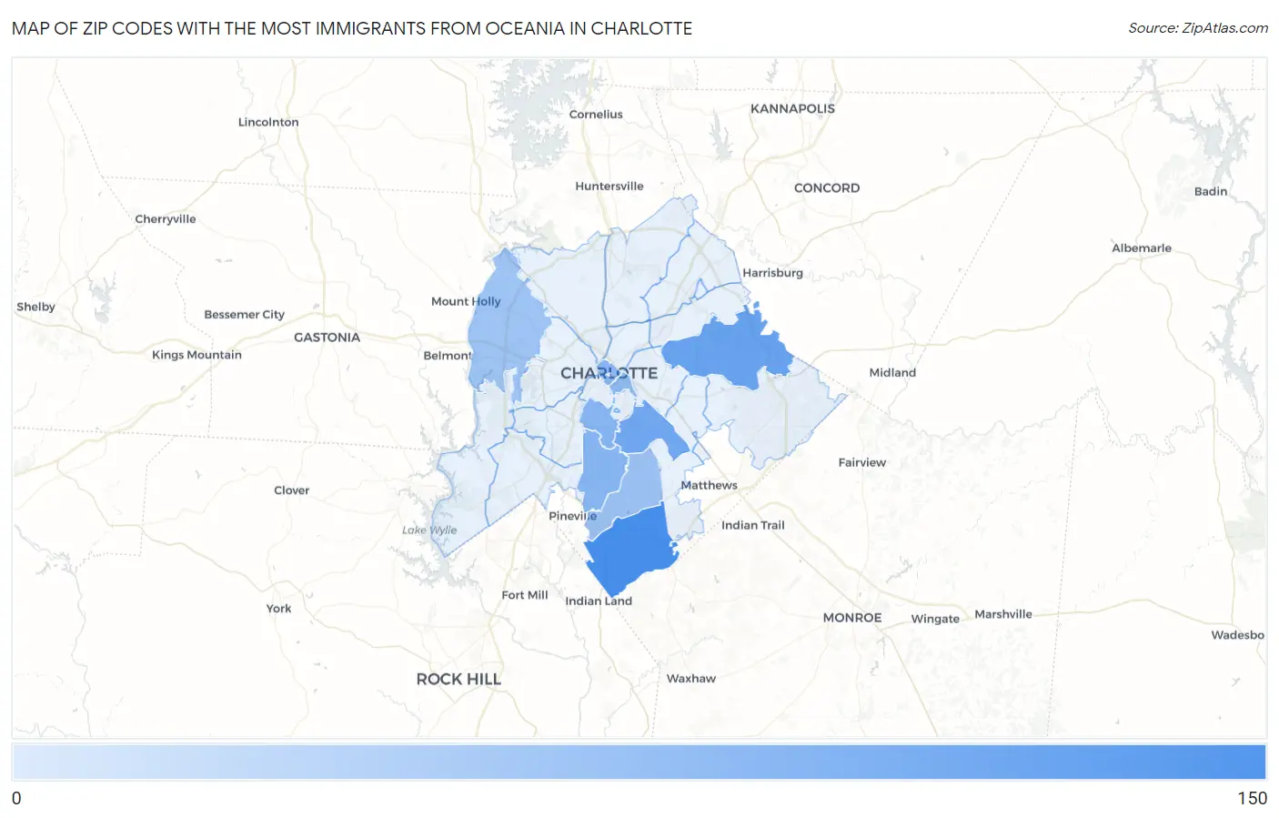 Zip Codes with the Most Immigrants from Oceania in Charlotte Map