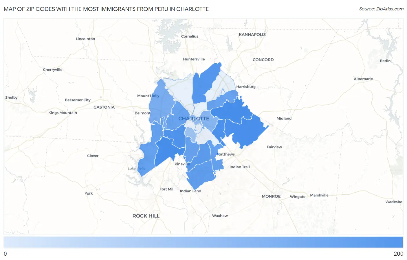 Zip Codes with the Most Immigrants from Peru in Charlotte Map