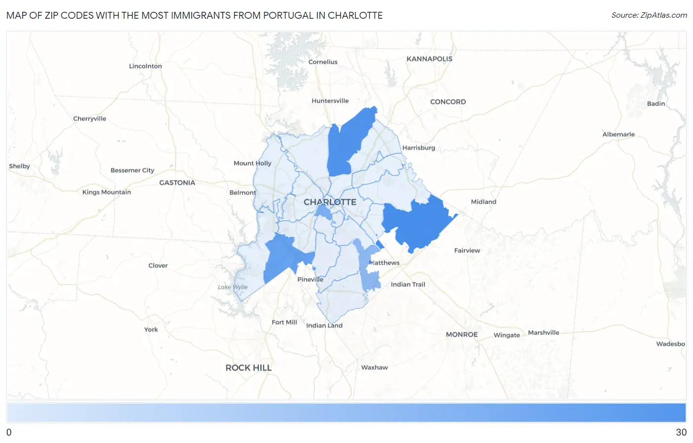 Zip Codes with the Most Immigrants from Portugal in Charlotte Map
