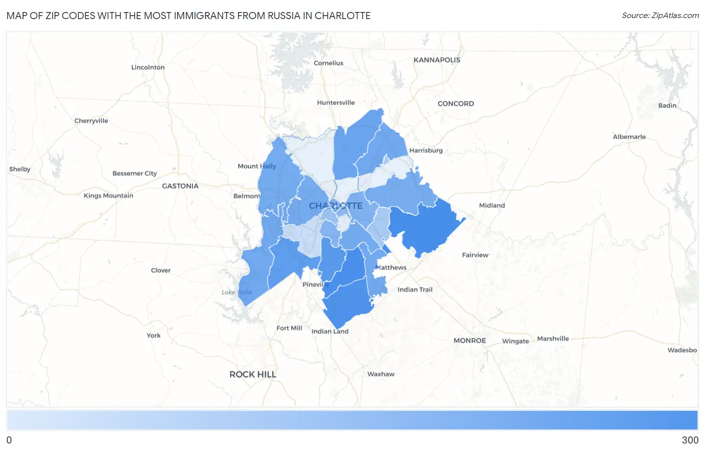 Zip Codes with the Most Immigrants from Russia in Charlotte Map