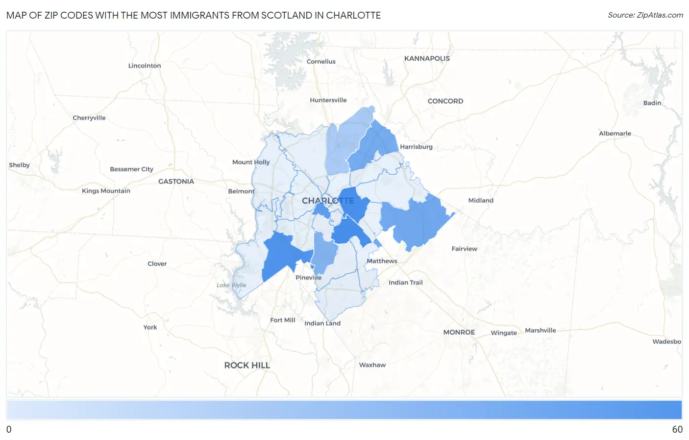 Zip Codes with the Most Immigrants from Scotland in Charlotte Map