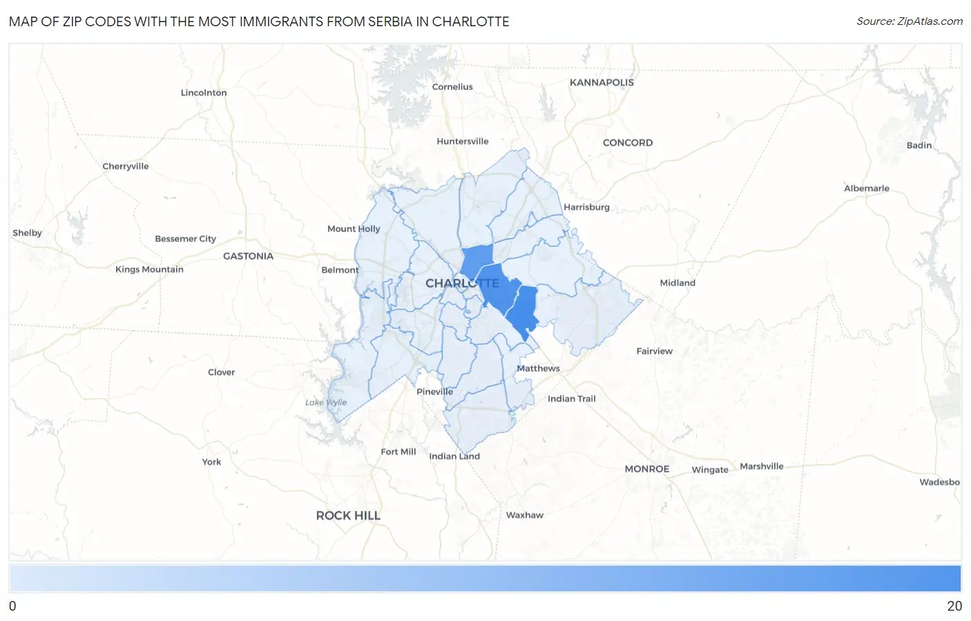Zip Codes with the Most Immigrants from Serbia in Charlotte Map