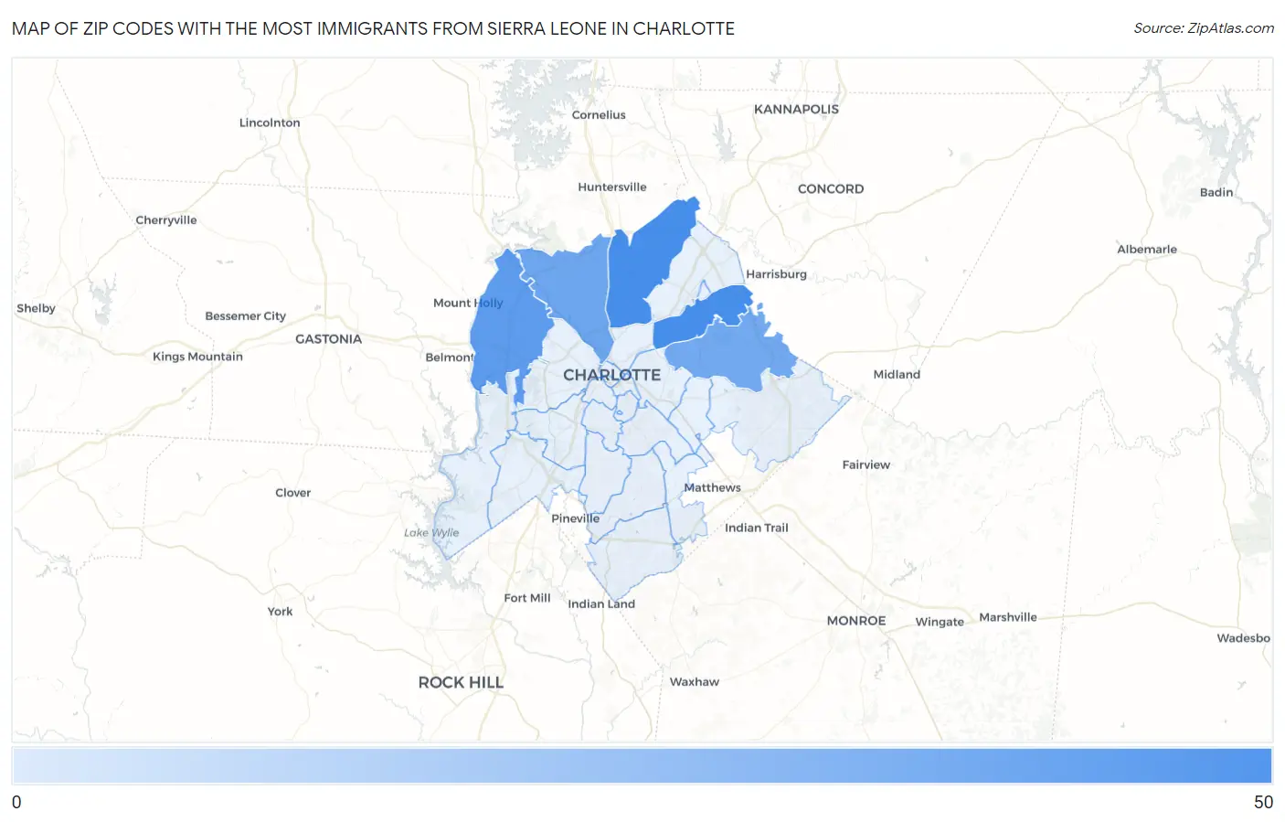 Zip Codes with the Most Immigrants from Sierra Leone in Charlotte Map