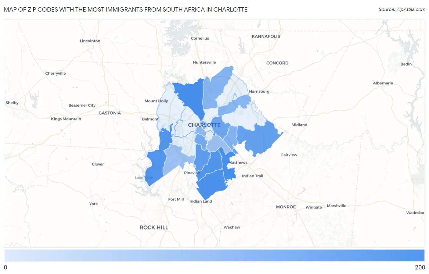 Zip Codes with the Most Immigrants from South Africa in Charlotte Map