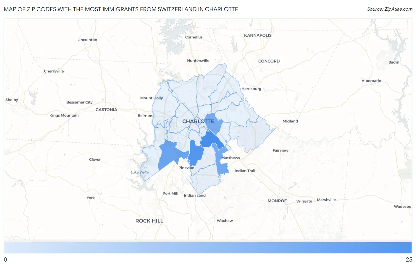 Zip Codes with the Most Immigrants from Switzerland in Charlotte Map