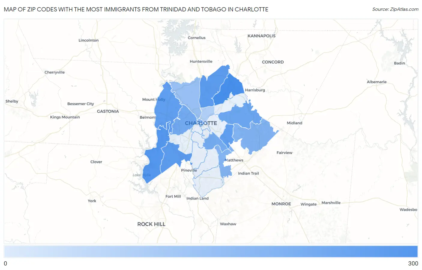 Zip Codes with the Most Immigrants from Trinidad and Tobago in Charlotte Map