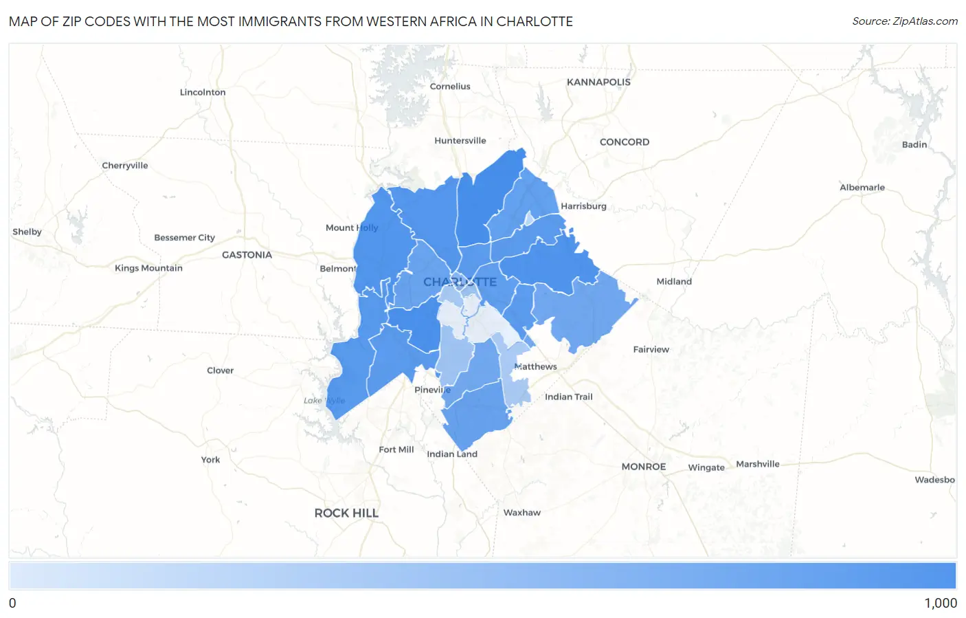 Zip Codes with the Most Immigrants from Western Africa in Charlotte Map