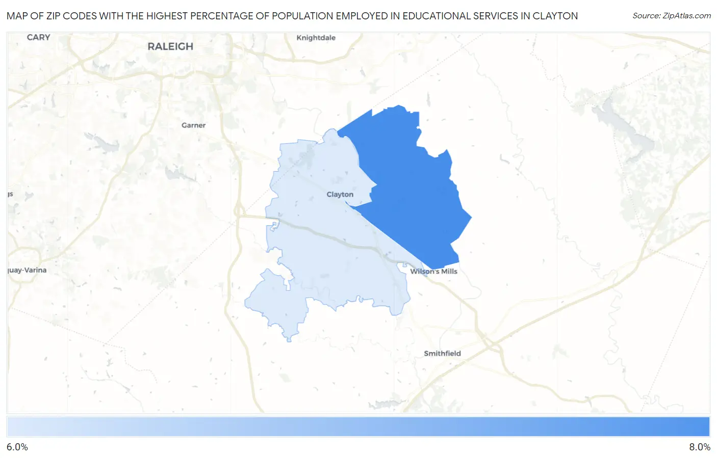 Zip Codes with the Highest Percentage of Population Employed in Educational Services in Clayton Map
