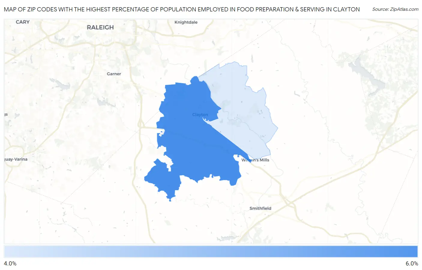 Zip Codes with the Highest Percentage of Population Employed in Food Preparation & Serving in Clayton Map
