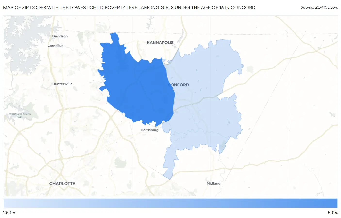 Zip Codes with the Lowest Child Poverty Level Among Girls Under the Age of 16 in Concord Map