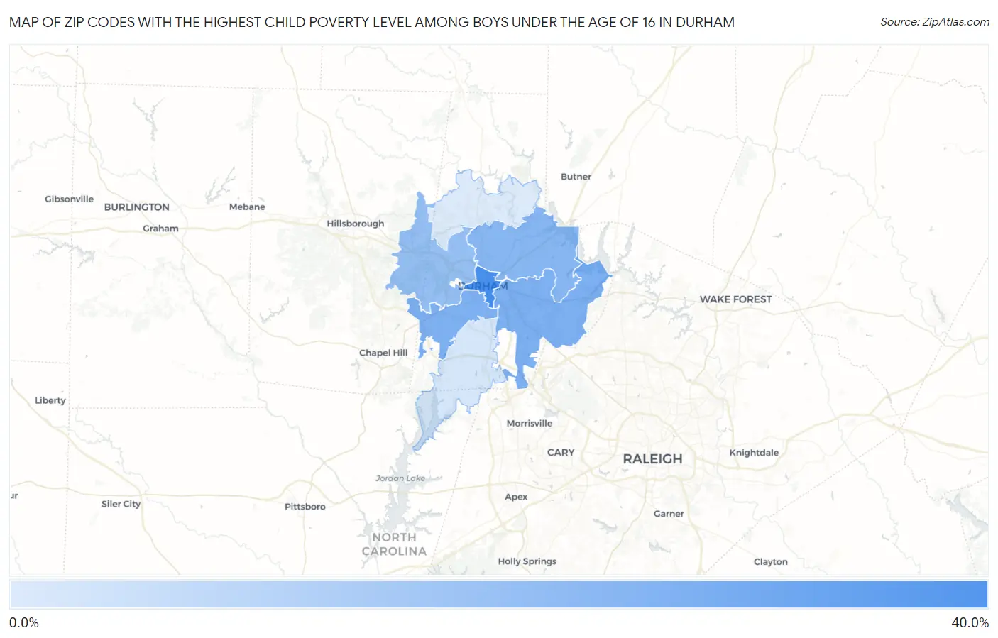 Zip Codes with the Highest Child Poverty Level Among Boys Under the Age of 16 in Durham Map