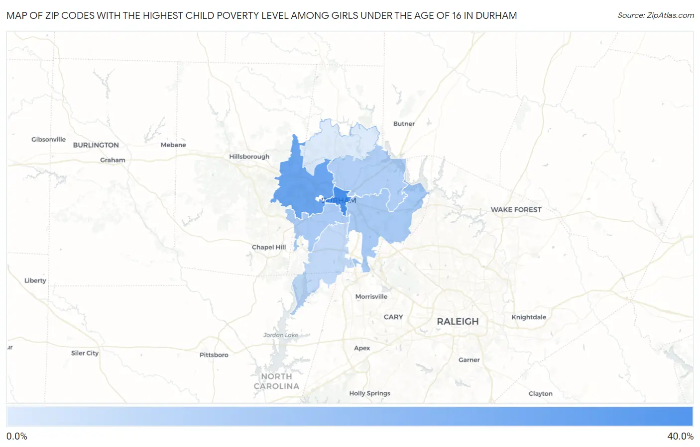 Zip Codes with the Highest Child Poverty Level Among Girls Under the Age of 16 in Durham Map