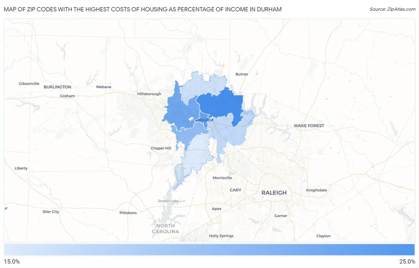 Zip Codes with the Highest Costs of Housing as Percentage of Income in Durham Map