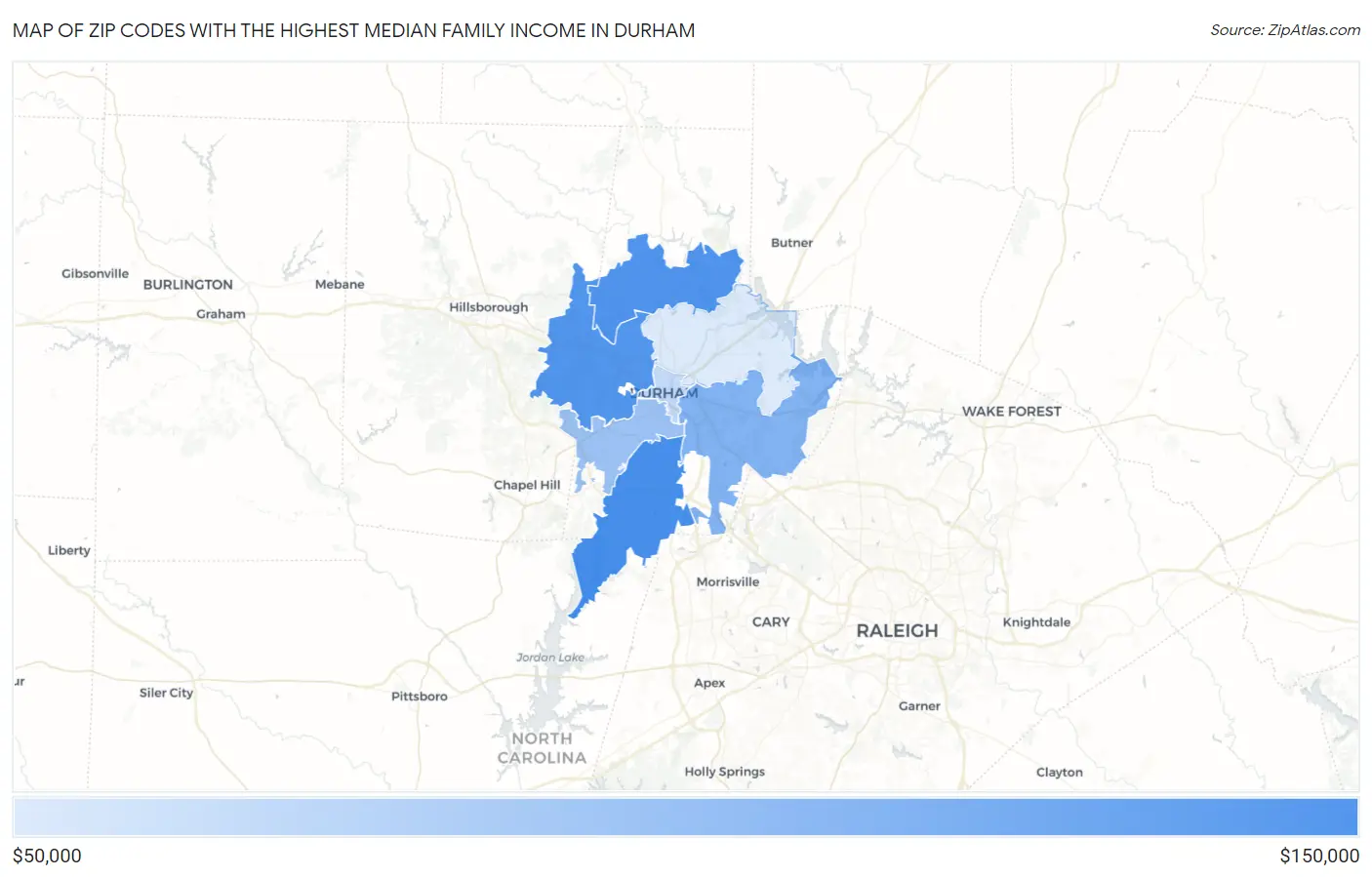 Zip Codes with the Highest Median Family Income in Durham Map