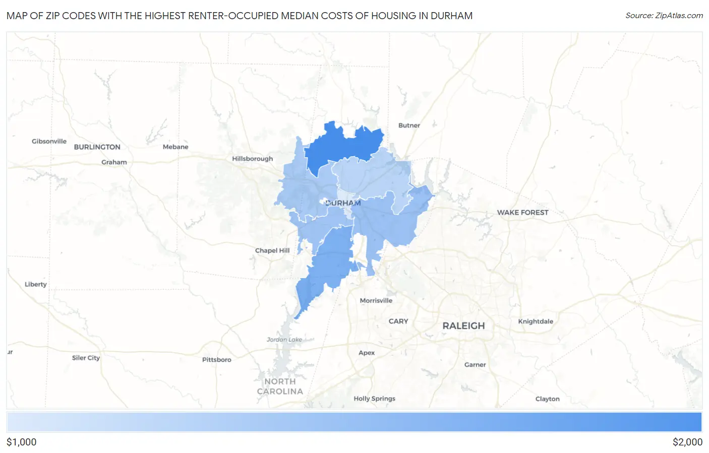 Zip Codes with the Highest Renter-Occupied Median Costs of Housing in Durham Map