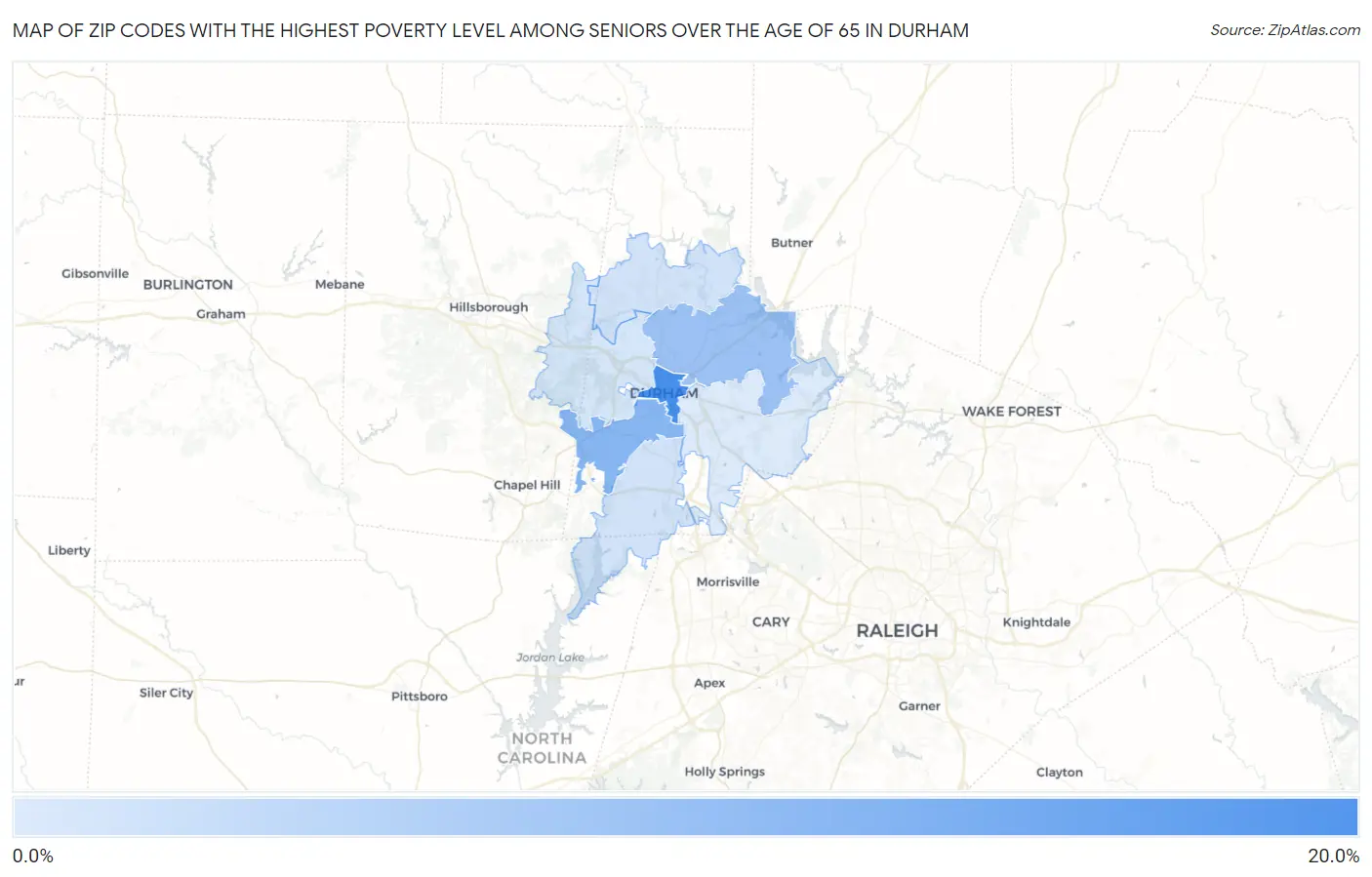 Zip Codes with the Highest Poverty Level Among Seniors Over the Age of 65 in Durham Map
