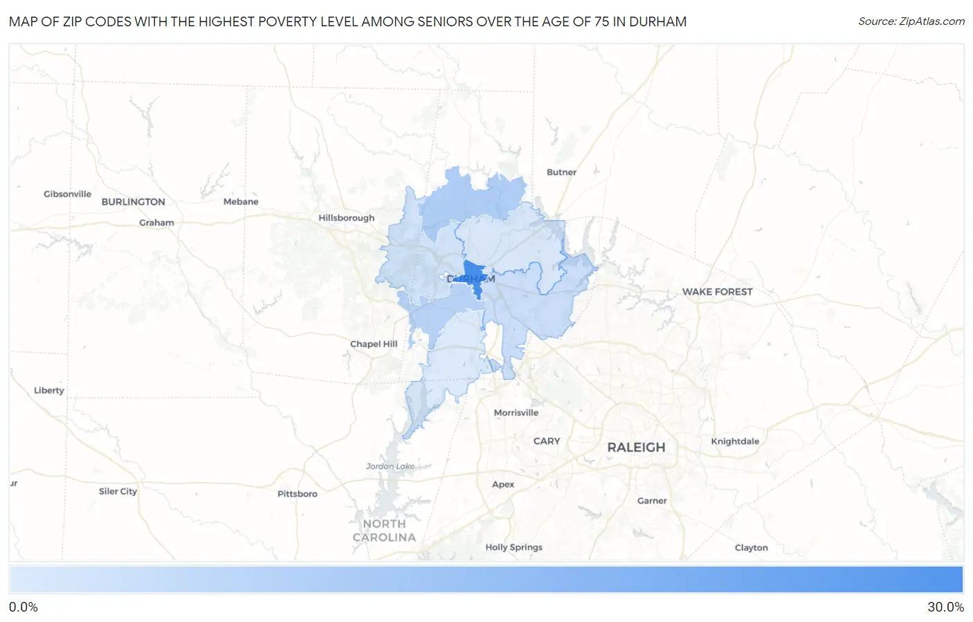 Zip Codes with the Highest Poverty Level Among Seniors Over the Age of 75 in Durham Map