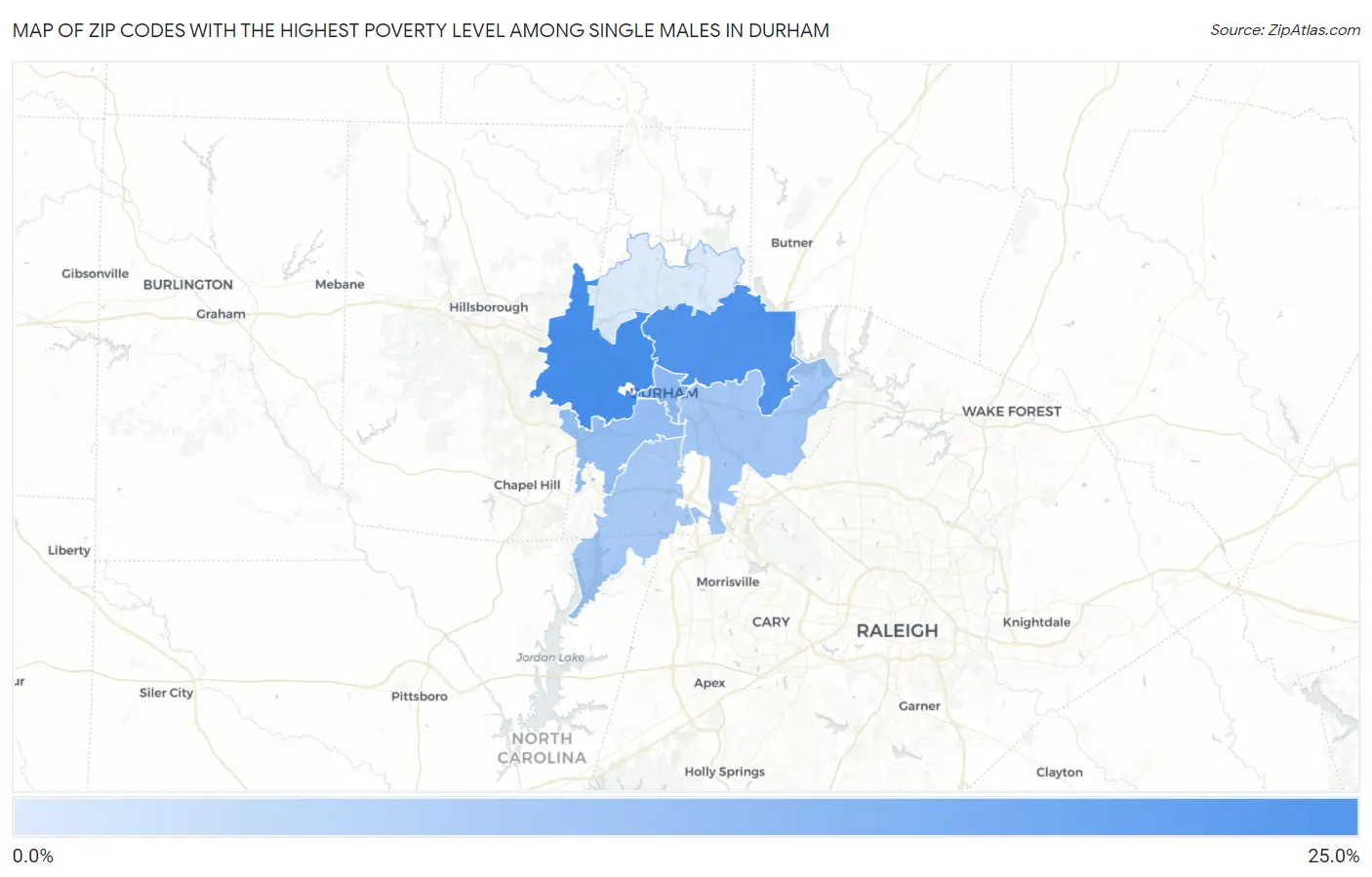 Zip Codes with the Highest Poverty Level Among Single Males in Durham Map