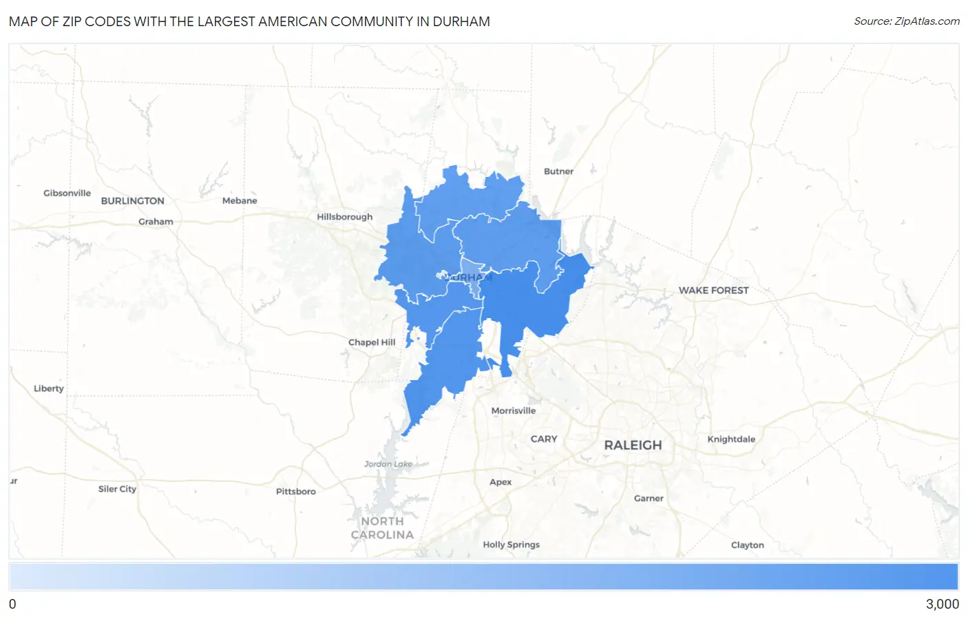 Zip Codes with the Largest American Community in Durham Map