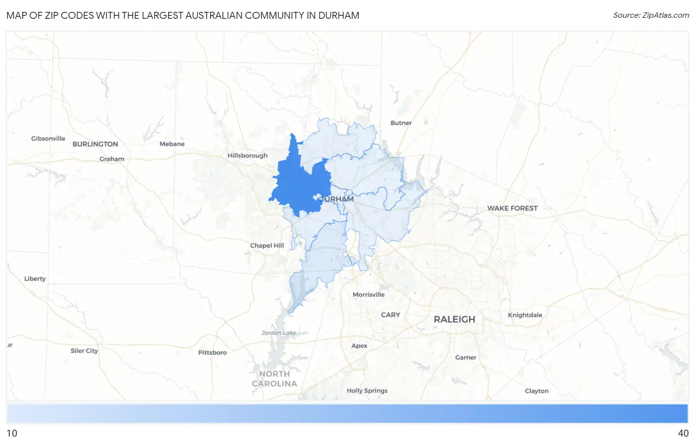 Zip Codes with the Largest Australian Community in Durham Map