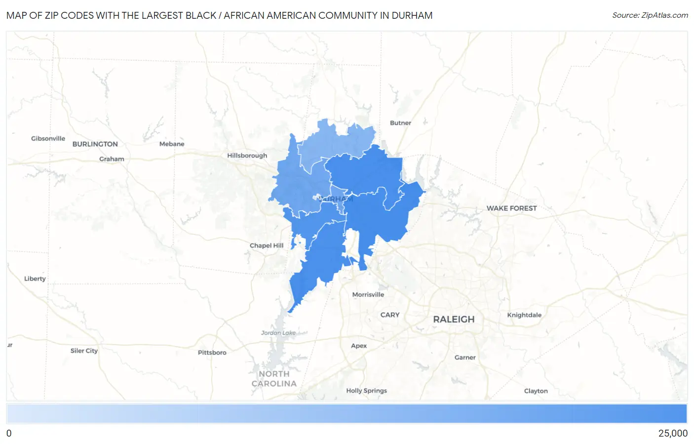 Zip Codes with the Largest Black / African American Community in Durham Map