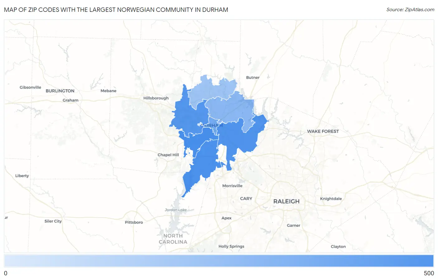 Zip Codes with the Largest Norwegian Community in Durham Map