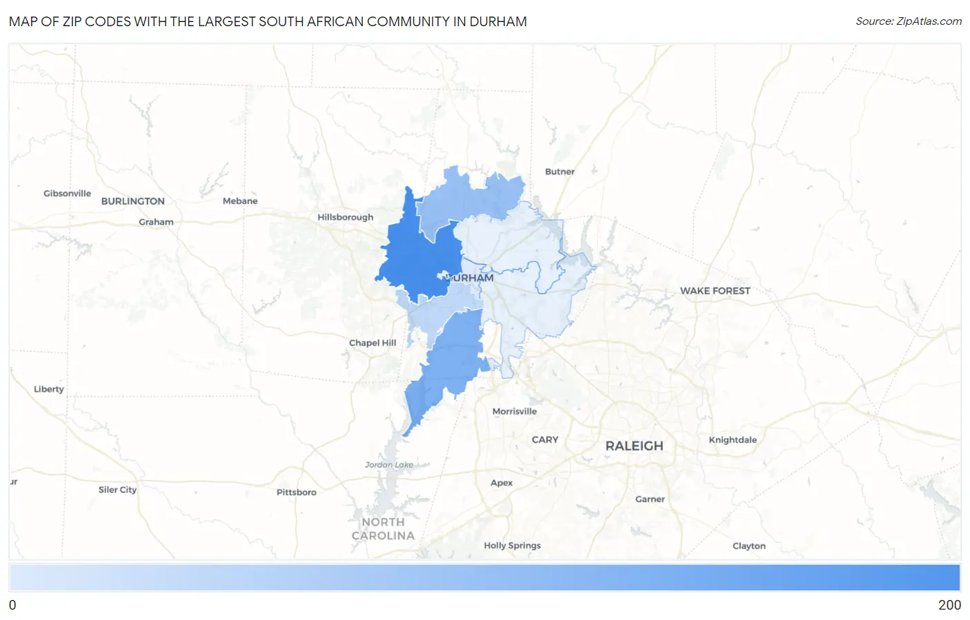 Zip Codes with the Largest South African Community in Durham Map