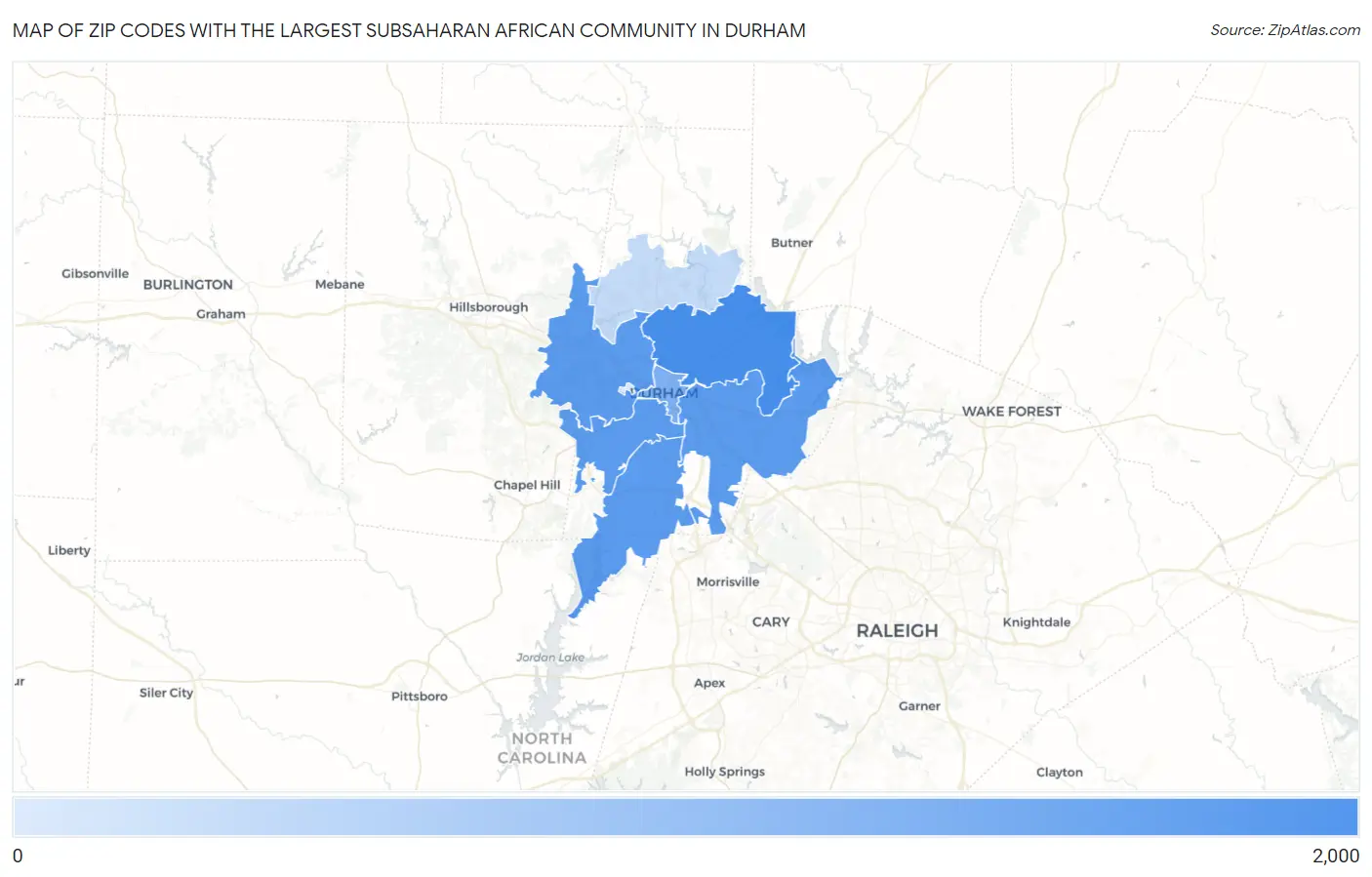 Zip Codes with the Largest Subsaharan African Community in Durham Map