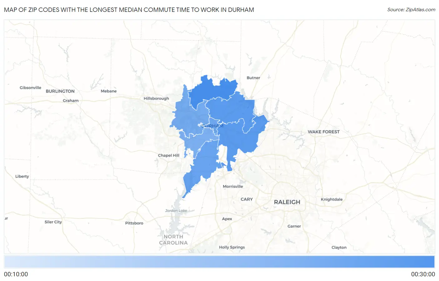 Zip Codes with the Longest Median Commute Time to Work in Durham Map