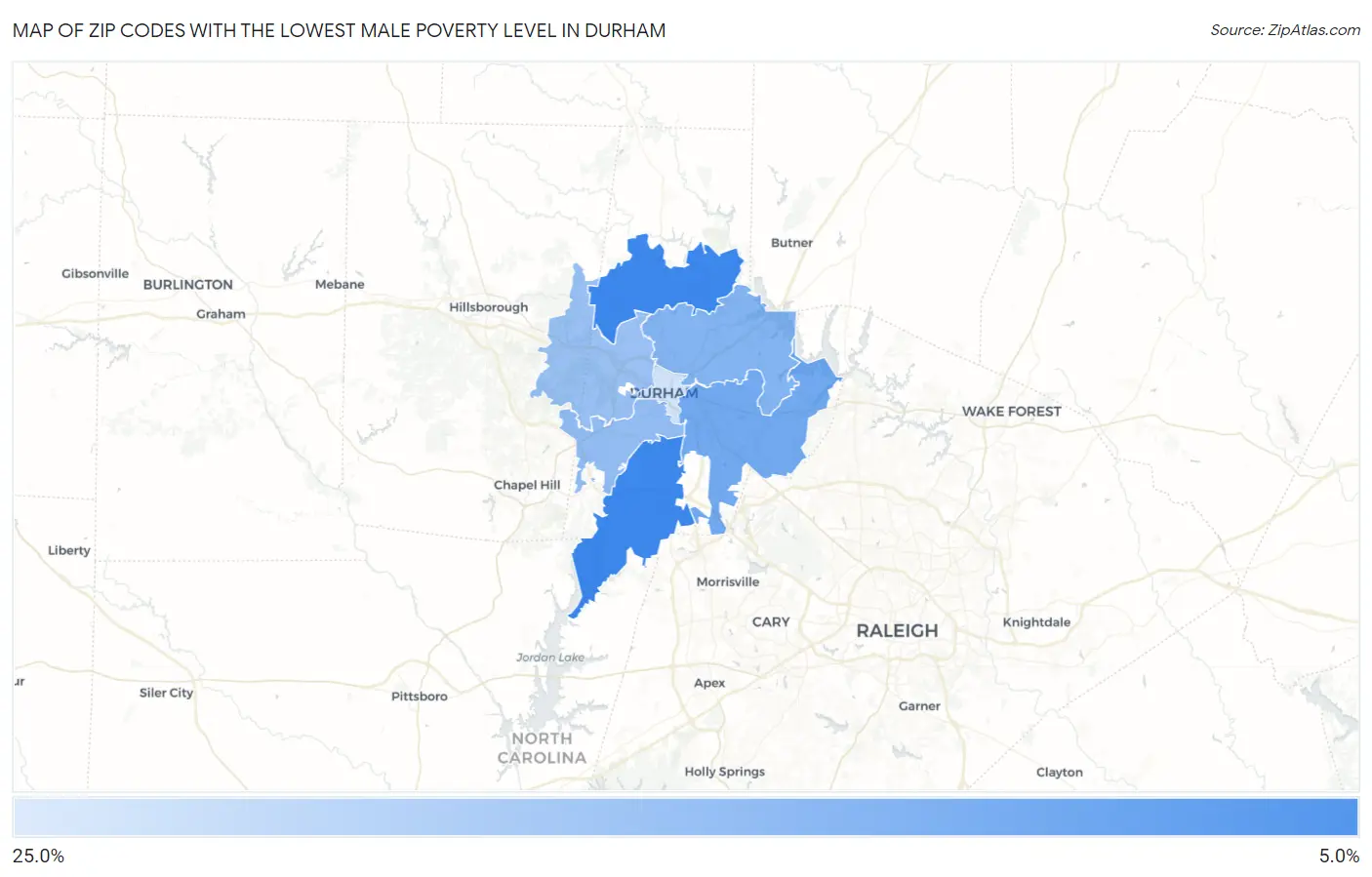 Zip Codes with the Lowest Male Poverty Level in Durham Map