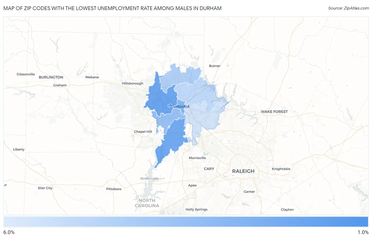 Zip Codes with the Lowest Unemployment Rate Among Males in Durham Map