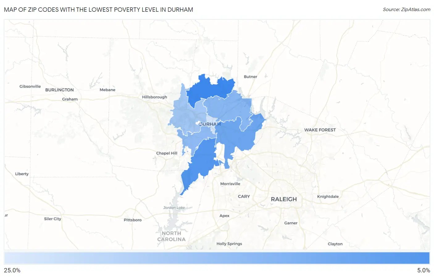 Zip Codes with the Lowest Poverty Level in Durham Map