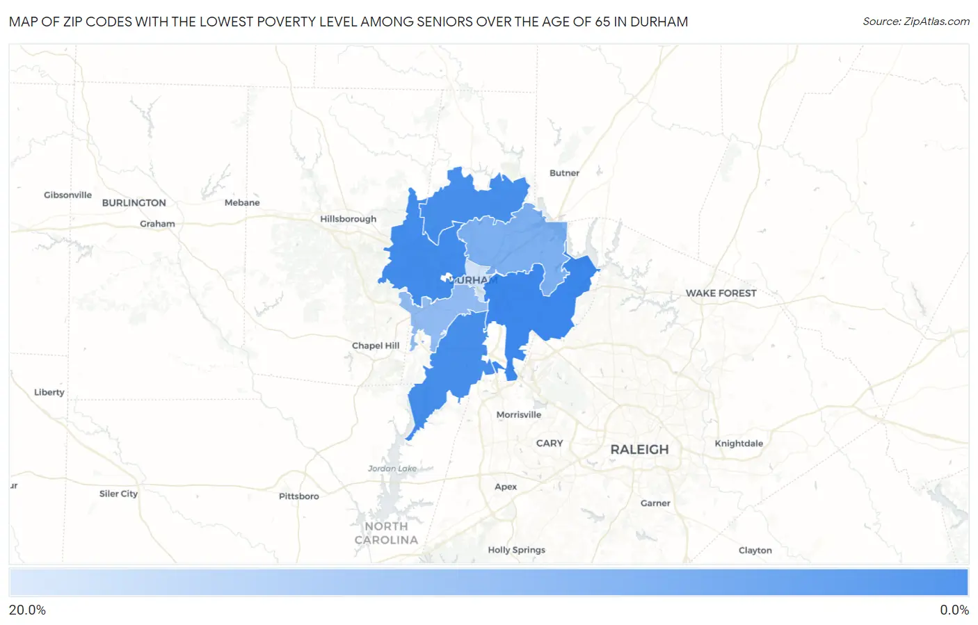 Zip Codes with the Lowest Poverty Level Among Seniors Over the Age of 65 in Durham Map