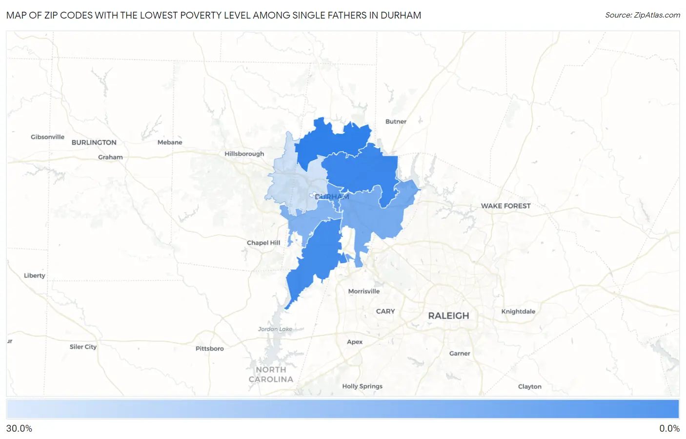 Zip Codes with the Lowest Poverty Level Among Single Fathers in Durham Map