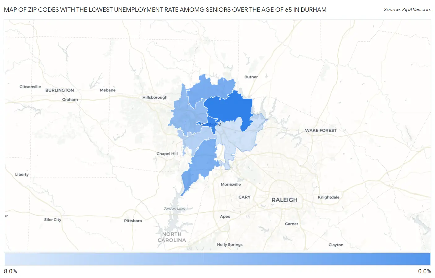 Zip Codes with the Lowest Unemployment Rate Amomg Seniors Over the Age of 65 in Durham Map