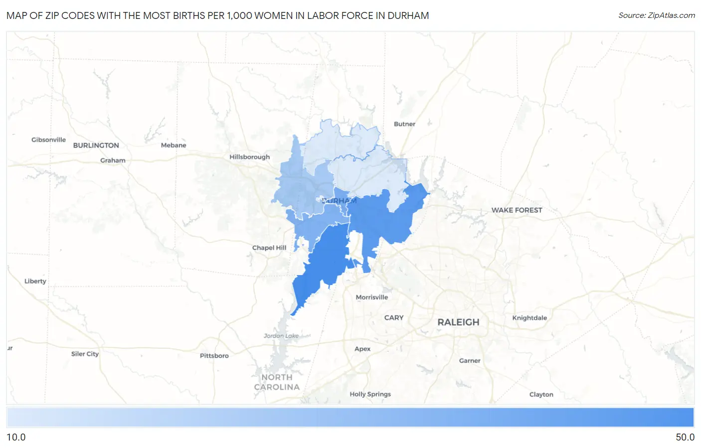 Zip Codes with the Most Births per 1,000 Women in Labor Force in Durham Map