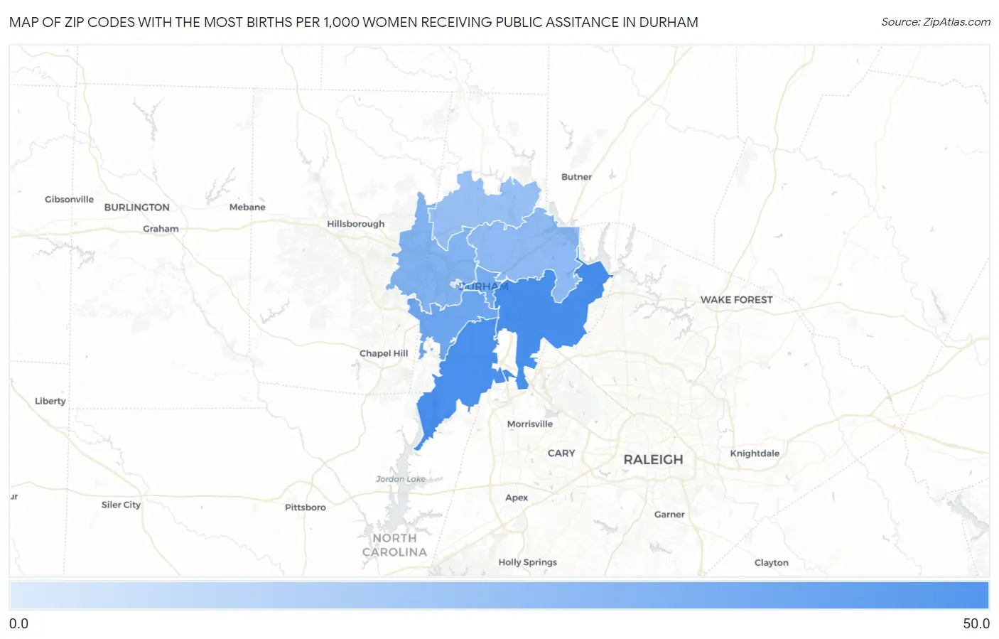 Zip Codes with the Most Births per 1,000 Women Receiving Public Assitance in Durham Map