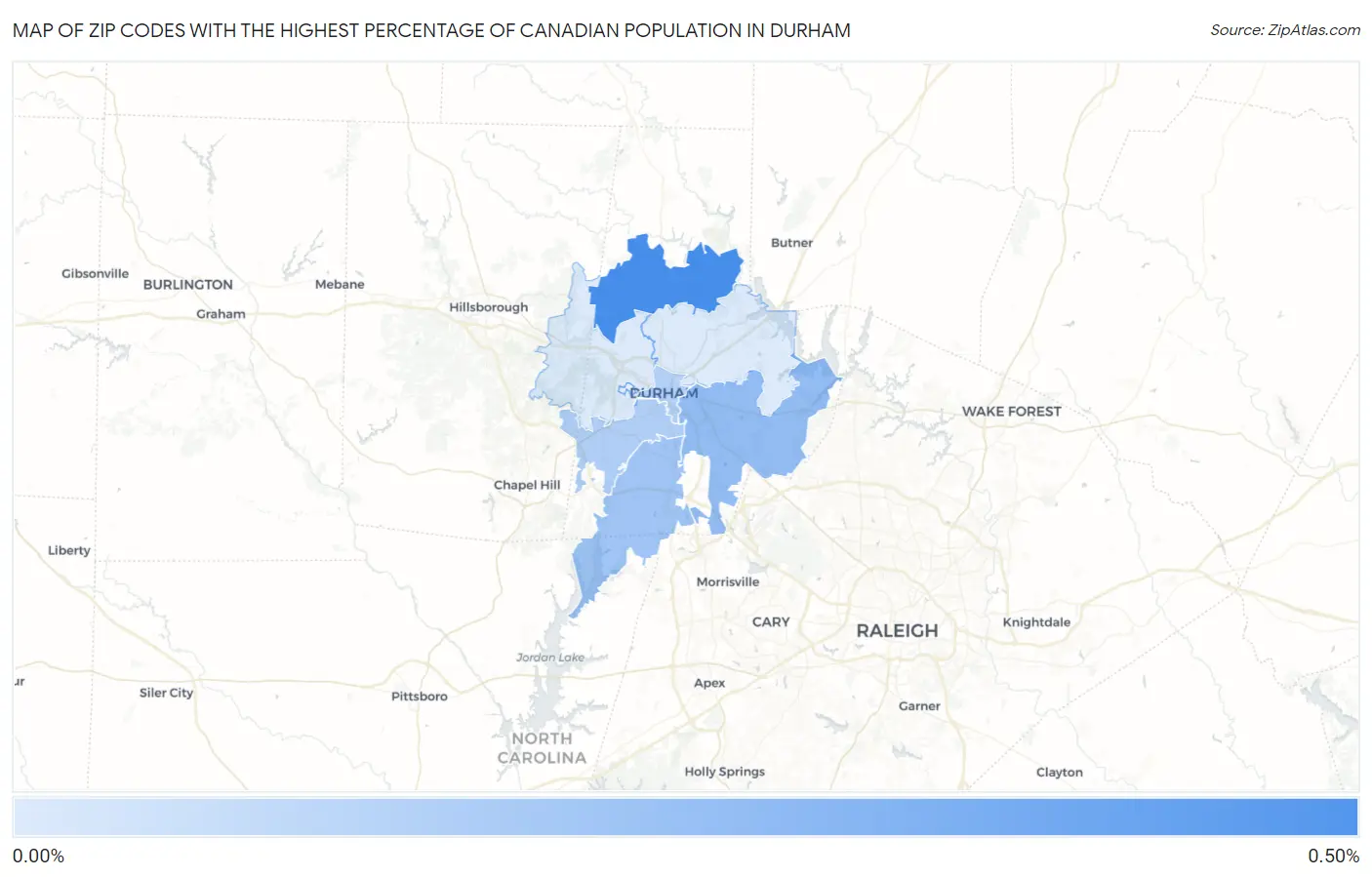 Zip Codes with the Highest Percentage of Canadian Population in Durham Map
