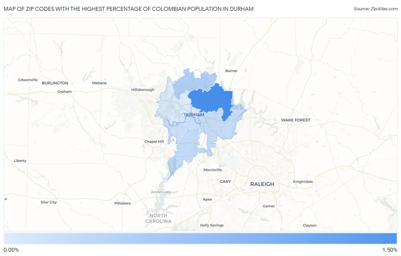 Zip Codes with the Highest Percentage of Colombian Population in Durham Map