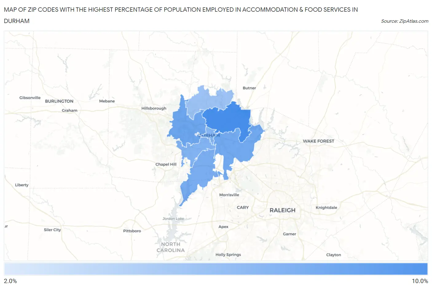 Zip Codes with the Highest Percentage of Population Employed in Accommodation & Food Services in Durham Map