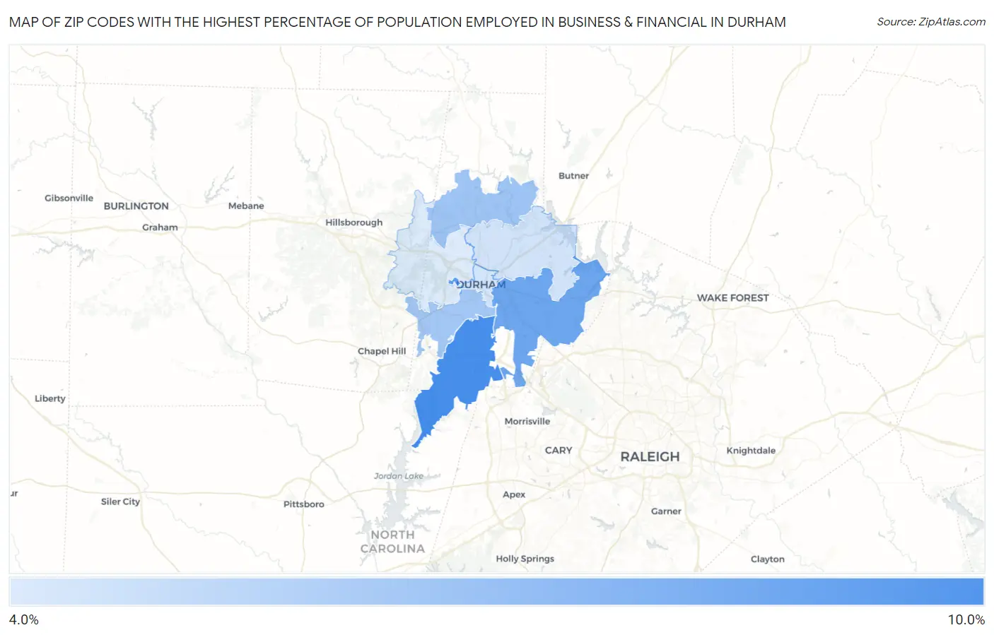 Zip Codes with the Highest Percentage of Population Employed in Business & Financial in Durham Map