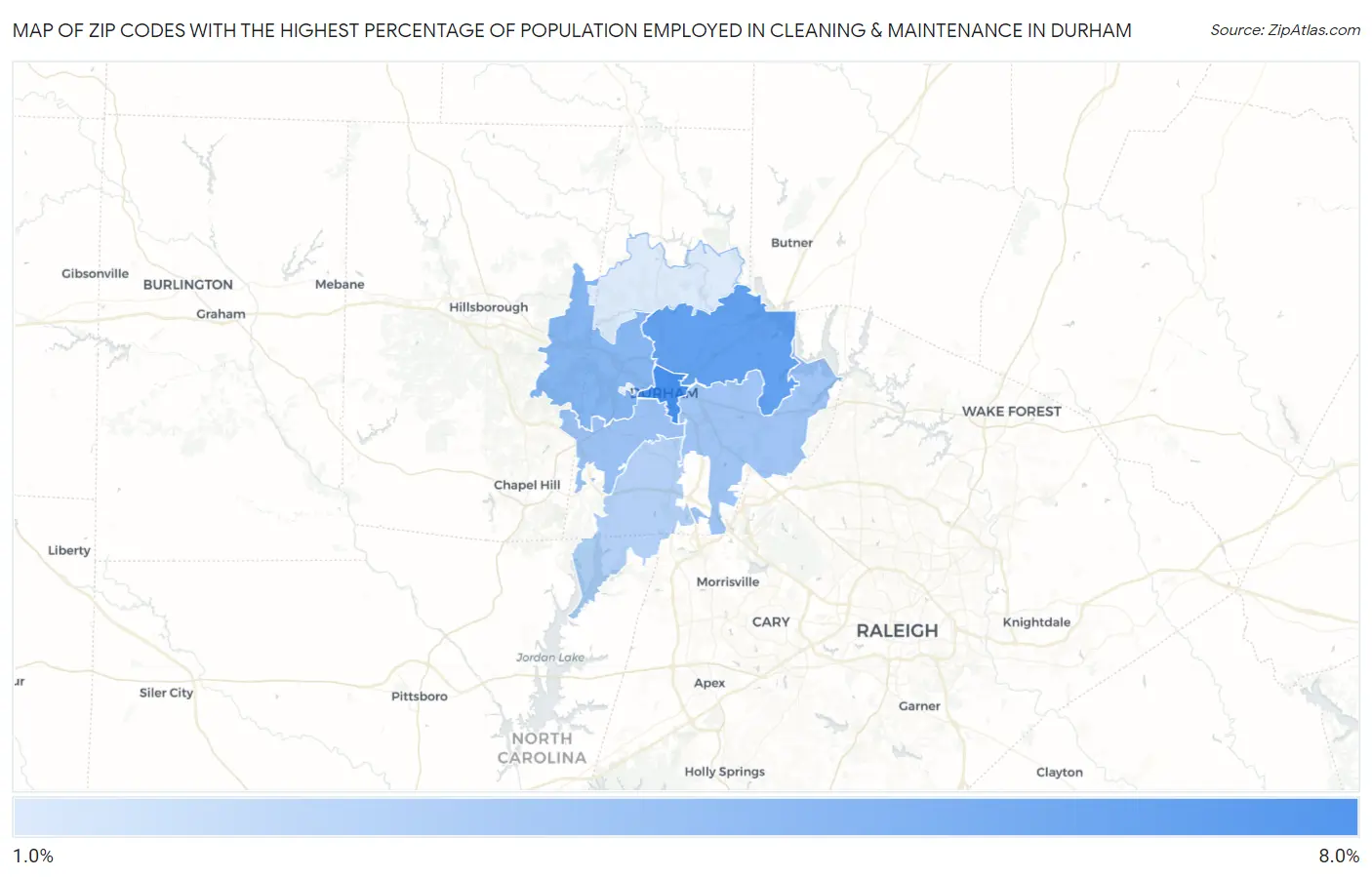 Zip Codes with the Highest Percentage of Population Employed in Cleaning & Maintenance in Durham Map
