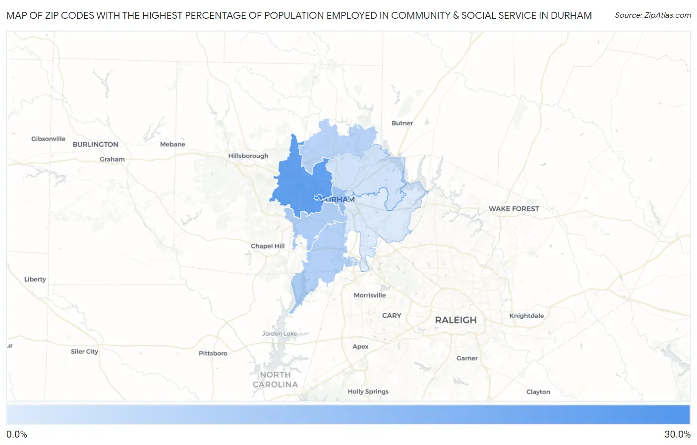 Zip Codes with the Highest Percentage of Population Employed in Community & Social Service  in Durham Map