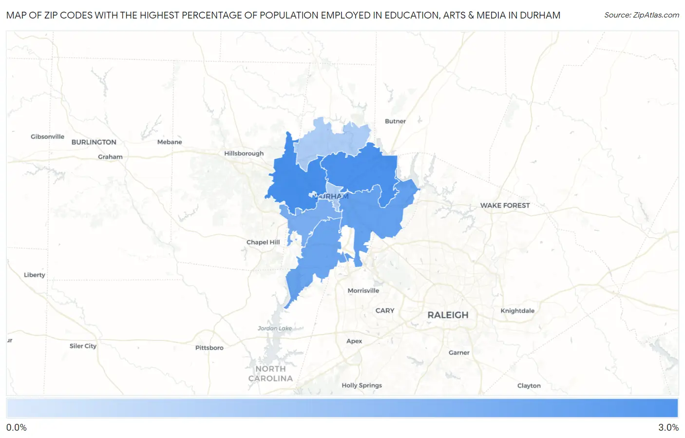 Zip Codes with the Highest Percentage of Population Employed in Education, Arts & Media in Durham Map