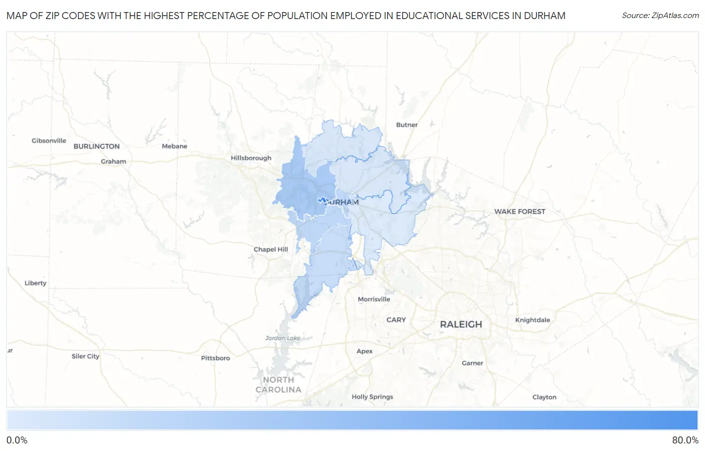 Zip Codes with the Highest Percentage of Population Employed in Educational Services in Durham Map