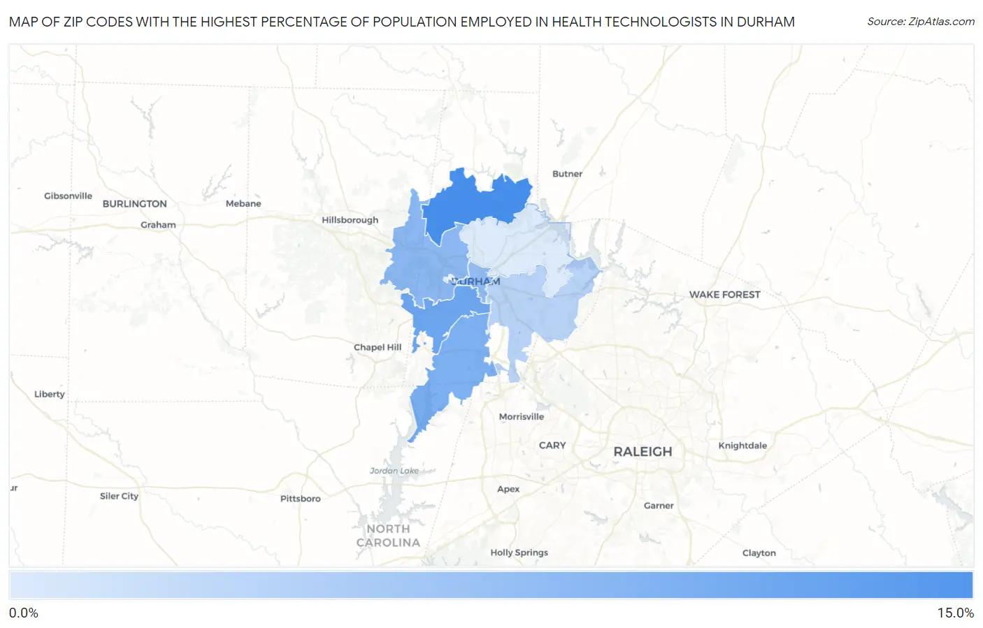 Zip Codes with the Highest Percentage of Population Employed in Health Technologists in Durham Map