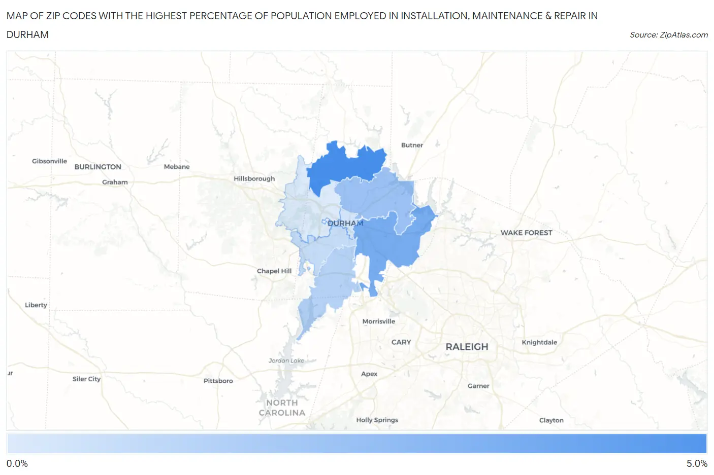Zip Codes with the Highest Percentage of Population Employed in Installation, Maintenance & Repair in Durham Map