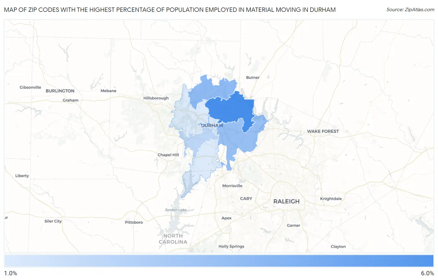 Zip Codes with the Highest Percentage of Population Employed in Material Moving in Durham Map